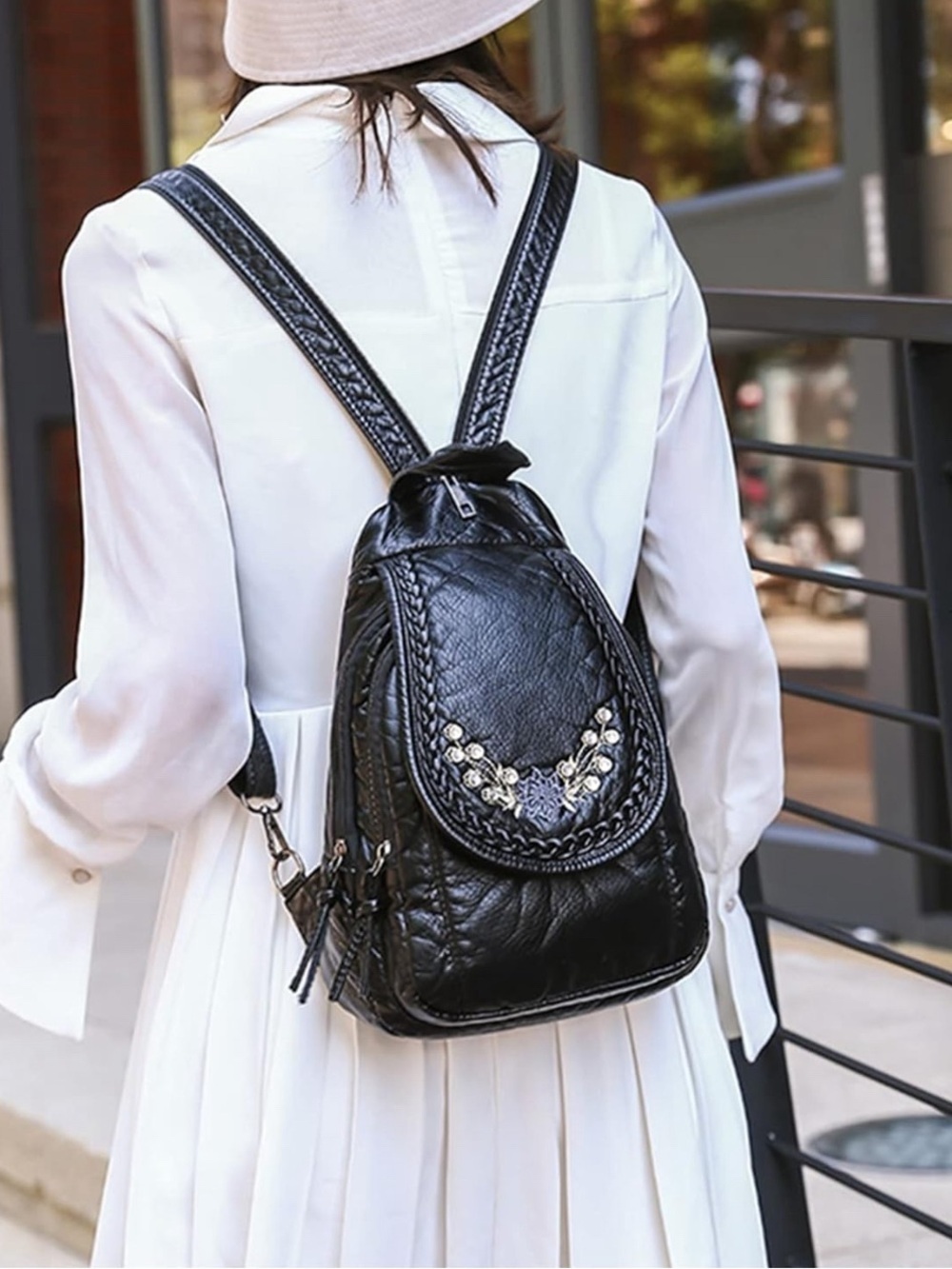 Black Embroidered Leather Backpack Purse - Women